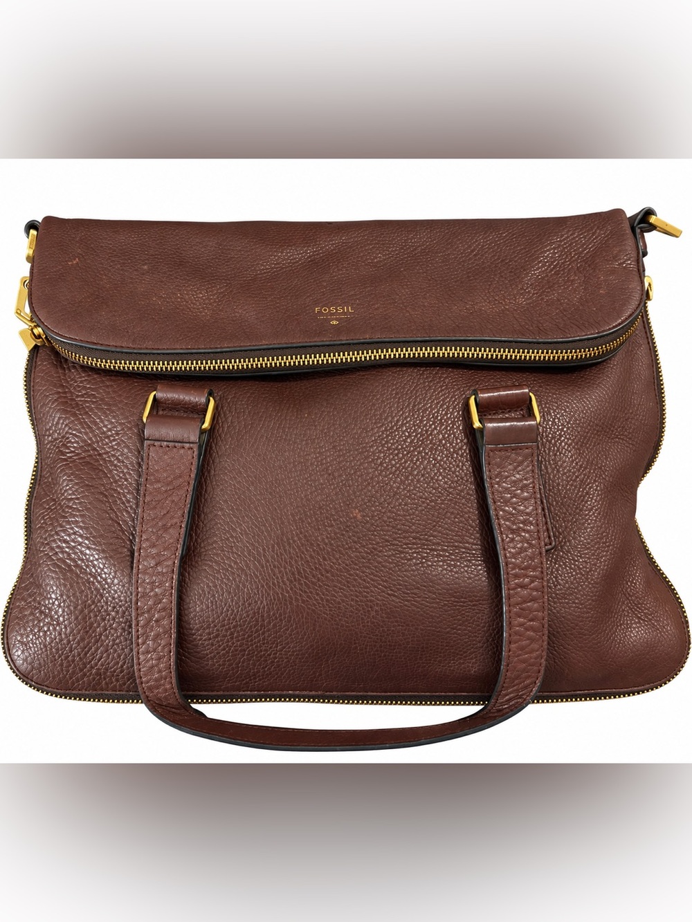 Fossil Brown Pebbled Leather Shoulder Bag with Gold Hardware